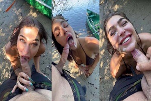 Публичный камшот на лицо Emily Rinaudo на берегу озера